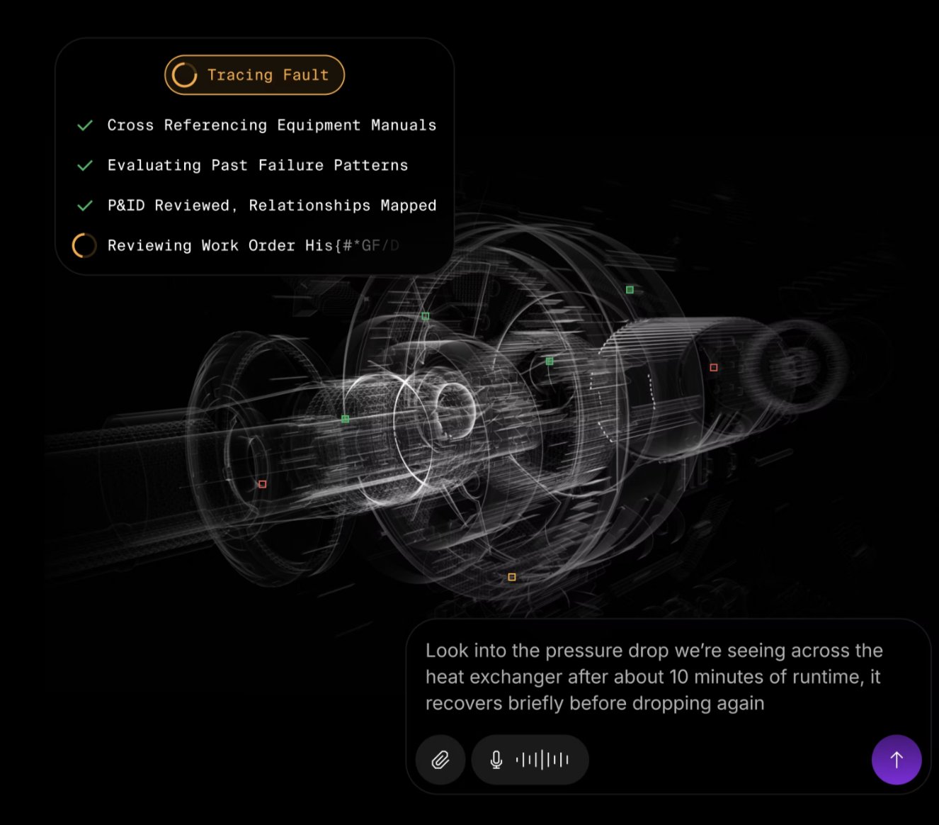Resolve fault tracing interface — AI analysing a pump with voice input